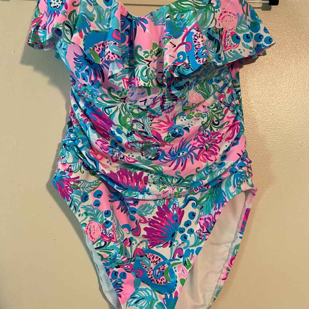 Lilly Pulitzer Pink and Blue One Piece Swimsuit with Ruffle Detail